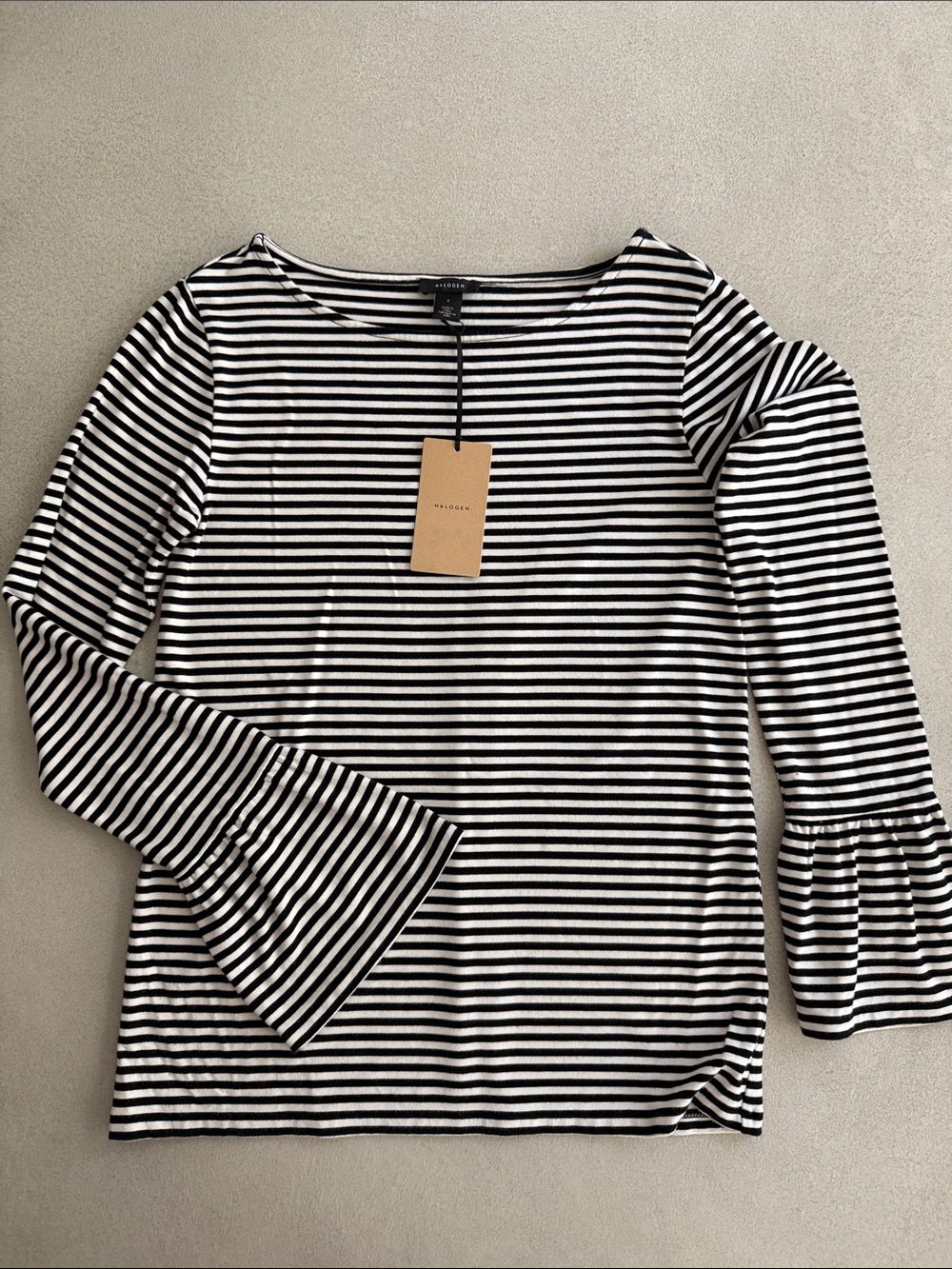 Halogen Black & White Striped Bell Sleeve Top
